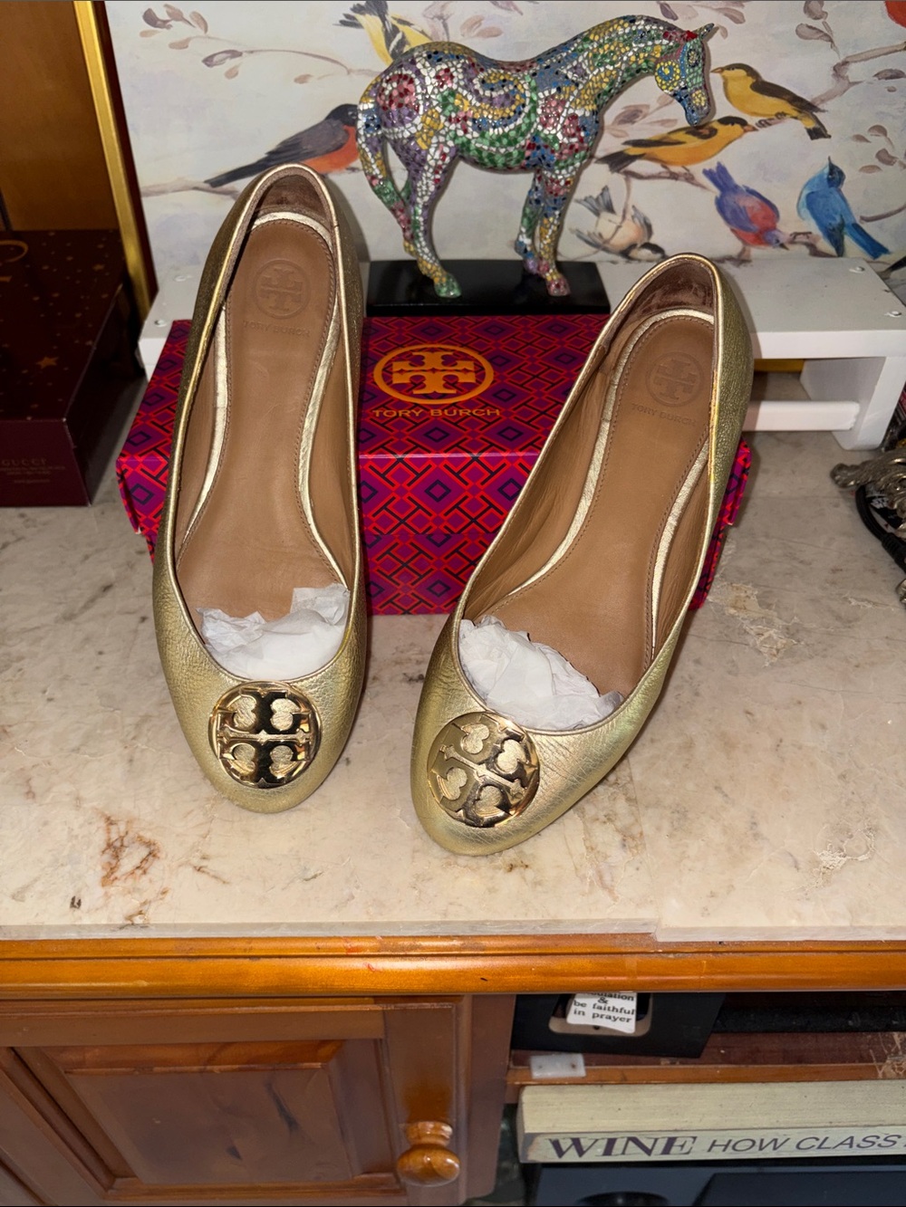 Tory Burch Metallic Gold Leather Logo Ballet Flats